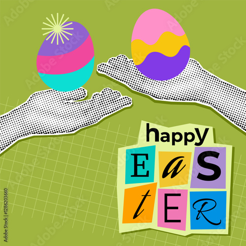 Vector illustration of two halftone hands holding colorful Easter eggs with a retro pop-art style. The bold design and vibrant colors make it perfect for festive branding and holiday themes