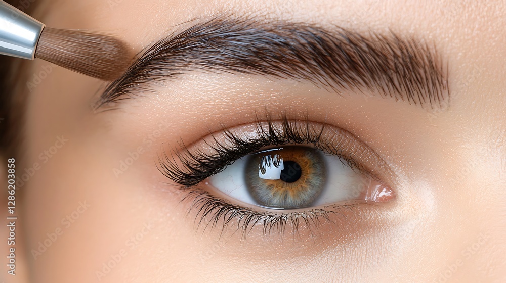 Naklejka premium Close-up macro photography of a hyper-detailed brown eyebrow, where a miniature cosmetologist in a beige spa uniform skillfully applies dye with a mascara brush while standing on a white wooden 