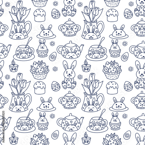 Outline Easter Seamless pattern. Cute paschal rabbit with Egg, festive tableware with hare decoration, jug with tulips on white background. Holiday Vector illustration in linear drawing doodle style