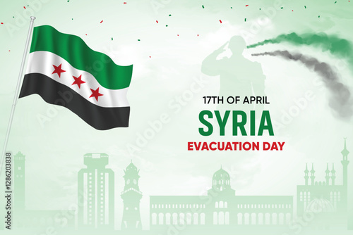 Syria Flag Waving On Skyline Background. Evacuation Day Concept Design Vector Illustration.