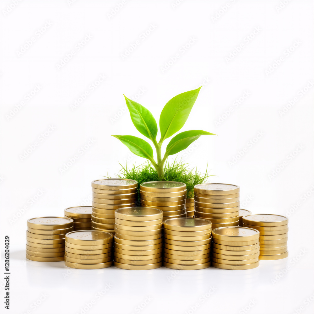 A young sprout grows from atop a pile of stacked golden coins, symbolizing financial growth and investment. A young sprout grows from atop a pile of stacked golden coins, symbolizing financial growth and investment.