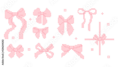 Pixel Art Coquette Pink Ribbon Bows in 8-bit style. Isolated girly vintage hair braiding accessory retro aesthetics. Vector illustration. Y2k trendy playful pixelated stickers. Mood of 90's aesthetics