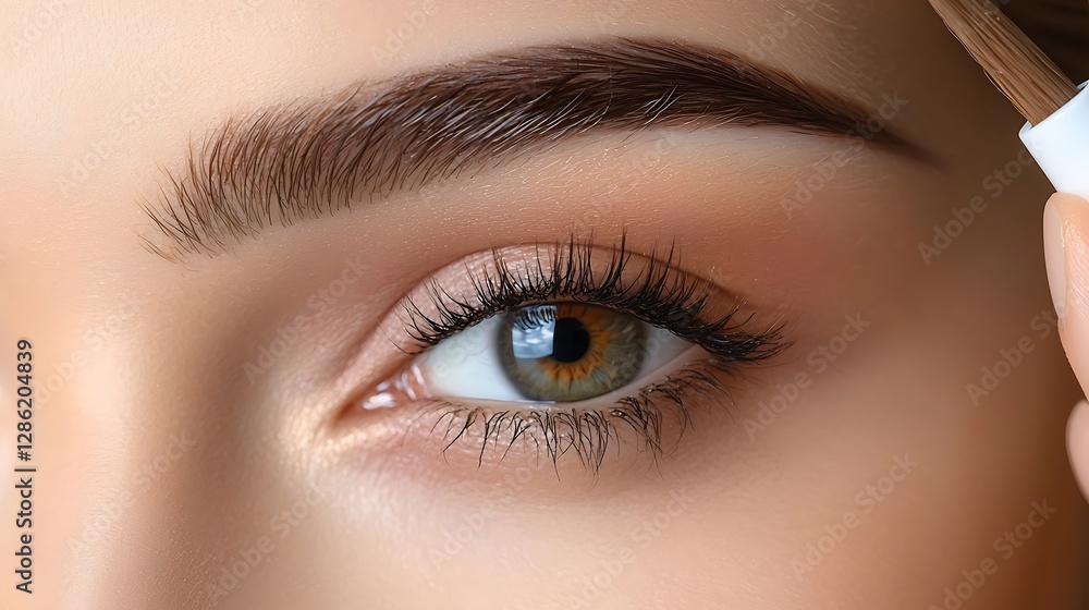 Hyper-realistic macro photography of a female brown eyebrow with a tiny blond cosmetologist standing on a white wooden ladder, carefully dyeing the brow with a small mascara brush. The cosmetologist Hyper-realistic macro photography of a female brown eyebrow with a tiny blond cosmetologist standing on a white wooden ladder, carefully dyeing the brow with a small mascara brush. The cosmetologist