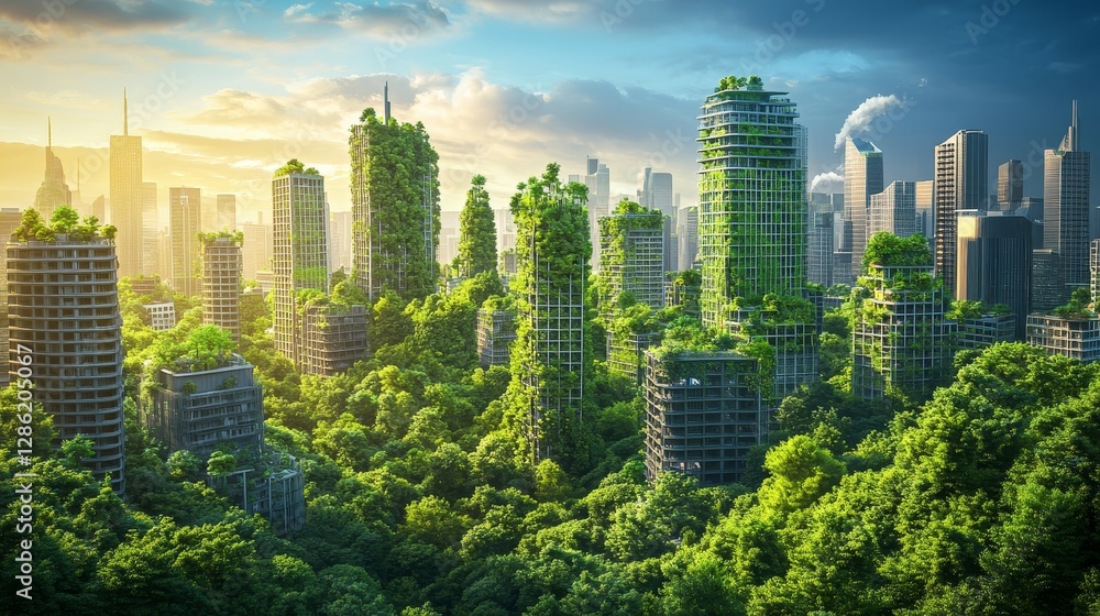 Obraz premium Lush Green Urban Landscape with Skyscrapers Embraced by Nature and Rising Sun