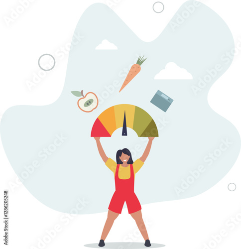 Woman and obese chart scales.Cartoon person on diet trying weight control with BMI.flat character life .