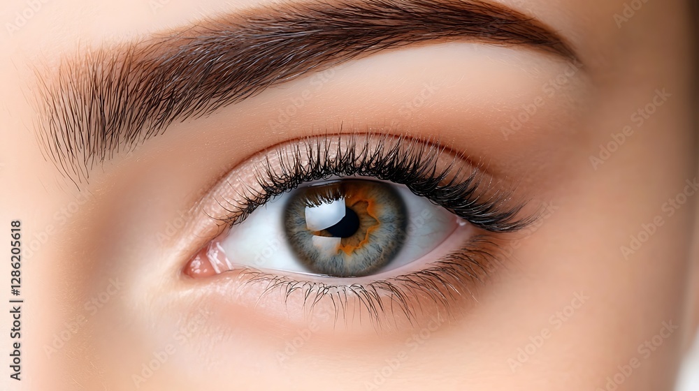 Ultra-realistic macro shot of a beautifully shaped female eyebrow, where a tiny cosmetologist on a white wooden ladder meticulously dyes a portion of the brow with a mascara brush. The deep Ultra-realistic macro shot of a beautifully shaped female eyebrow, where a tiny cosmetologist on a white wooden ladder meticulously dyes a portion of the brow with a mascara brush. The deep