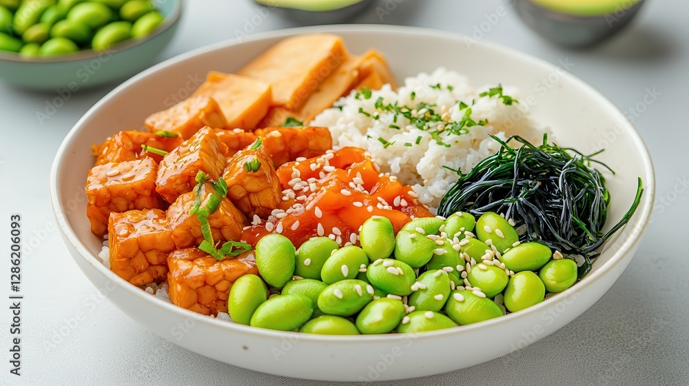 Vegan tempeh dishes offer a nutritious and delicious plant-based option. Vibrant bowl of healthy plant-based ingredients and rice. Vegan tempeh dishes offer a nutritious and delicious plant-based option. Vibrant bowl of healthy plant-based ingredients and rice.