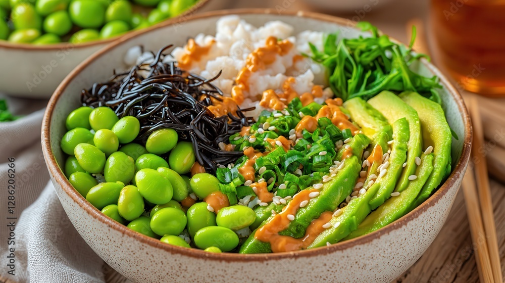 Vegan tempeh dishes offer a nutritious and delicious plant-based option. Vibrant bowl of fresh vegetables, rice, and seaweed garnished with herbs. Vegan tempeh dishes offer a nutritious and delicious plant-based option. Vibrant bowl of fresh vegetables, rice, and seaweed garnished with herbs.