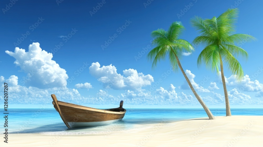 Obraz premium Tropical Beach with Boat, Palm Trees, and Blue Sky Vacation Scene