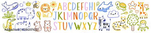 Kids doodle animal set, vector handwriting scribble alphabet, childish naive jungle character kit. ABC kindergarten print brushstroke texture, cute cartoon mammals, funny children design. Kids doodle