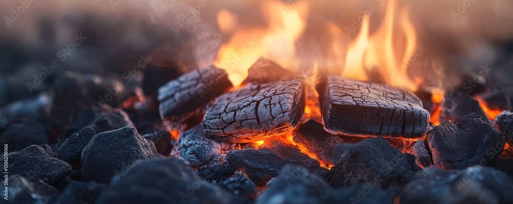 Waste Heat Generator concept, Glowing embers and flames rise from charred coal in a warm, inviting fire scene. Waste Heat Generator concept, Glowing embers and flames rise from charred coal in a warm, inviting fire scene.