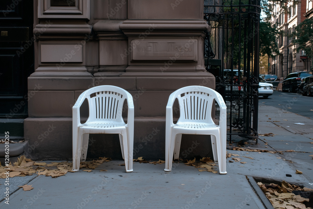 Dos sillas de plástico blancas en una calle de Estados unidos Dos sillas de plástico blancas en una calle de Estados unidos