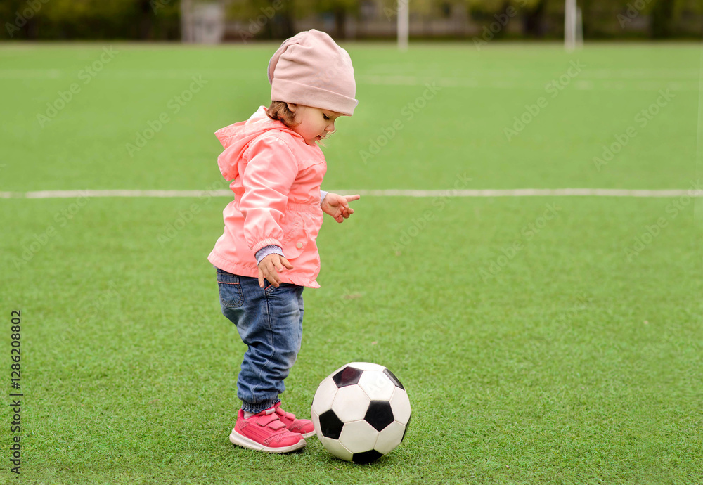 Little toddler girl in pink jacket, hat and sneakers playing with soccer ball at football field or stadium outdoors. Green background. Child dreams, girl power and active childhood concept. Copy space Little toddler girl in pink jacket, hat and sneakers playing with soccer ball at football field or stadium outdoors. Green background. Child dreams, girl power and active childhood concept. Copy space