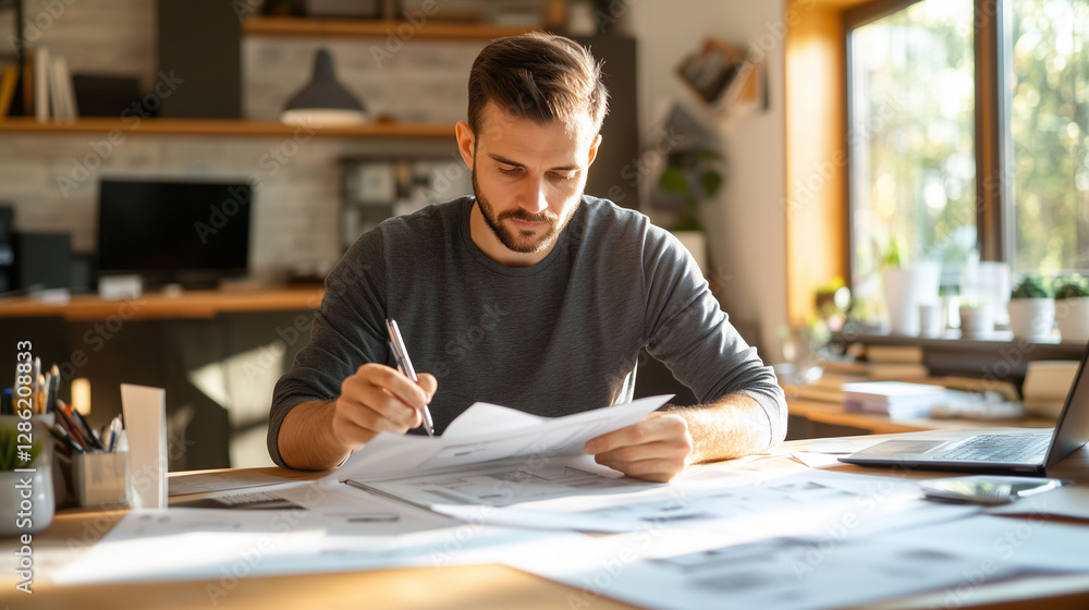 A dedicated man reviewing documents at home office. A dedicated man reviewing documents at home office.
