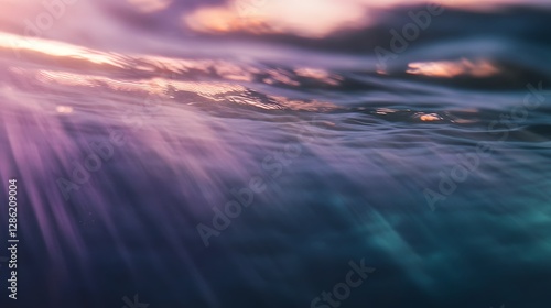 Captivating close up of a serene underwater scene at sunset featuring a mesmerizing blend of turquoise purple and amber hues with a cinematic motion blur and depth of field effect