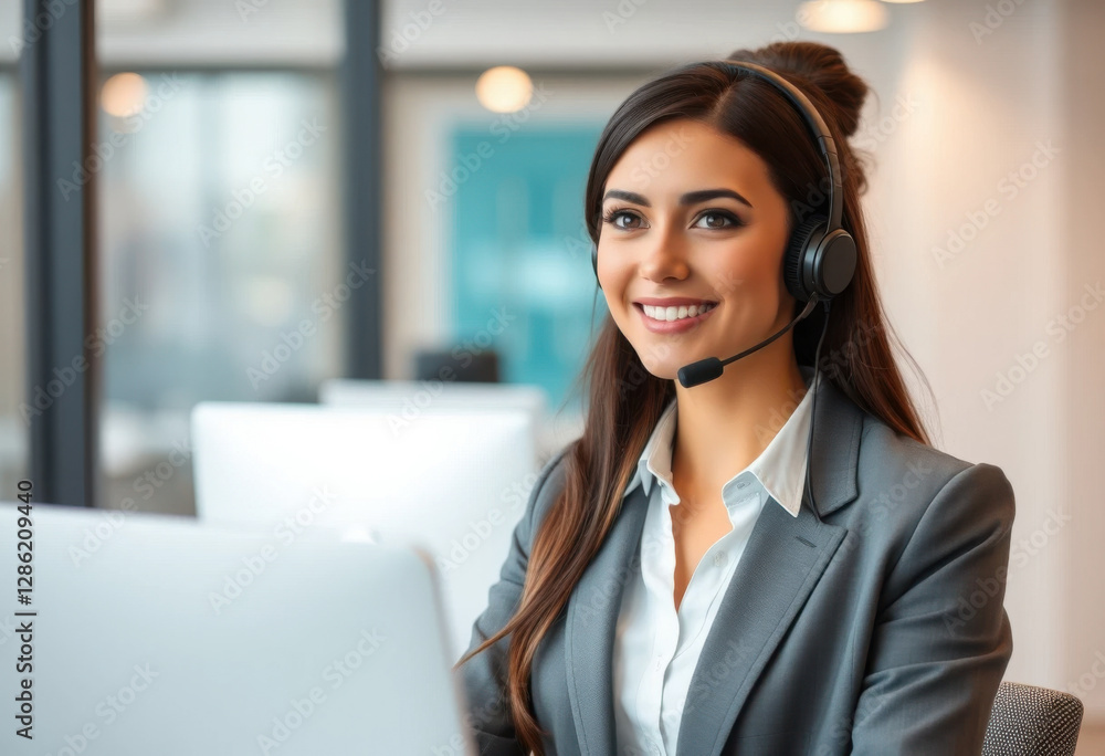 Hermosa agente femenina del centro de llamadas con auriculares en el fondo de la oficina moderna
Hermosa agente femenina del centro de llamadas con auriculares en el fondo de la oficina moderna