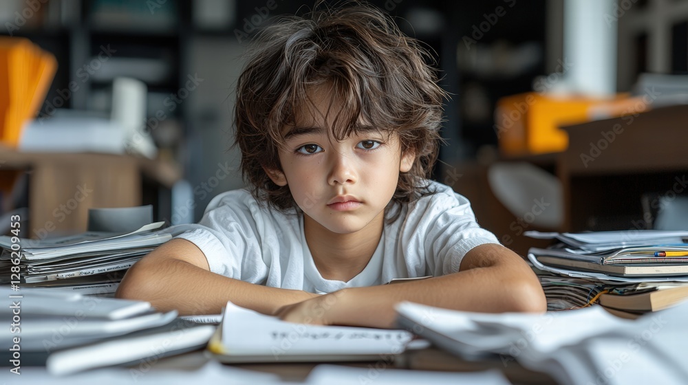 Young boy concentrating while sitting at a desk surrounded by a pile of papers Young boy concentrating while sitting at a desk surrounded by a pile of papers