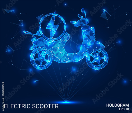 Electric scooter hologram. Electric scooter is made of polygons, triangles, dots, and lines. Electric scooter is a low-poly compound structure. Technology concept vector.