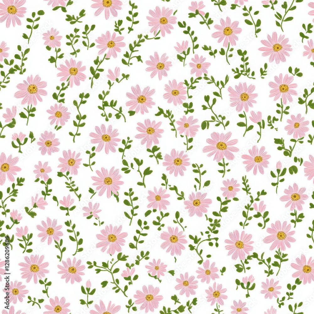 Pink Flower and Green Leaf Pattern on White Background Pink Flower and Green Leaf Pattern on White Background