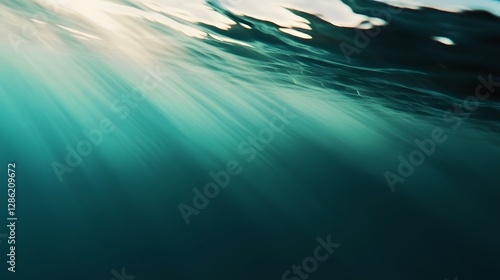 Mesmerizing viridian teal and aquamarine seascape with underwater motion blur and cinematic depth of field captured at sunset  Ethereal peaceful and aquatic landscape