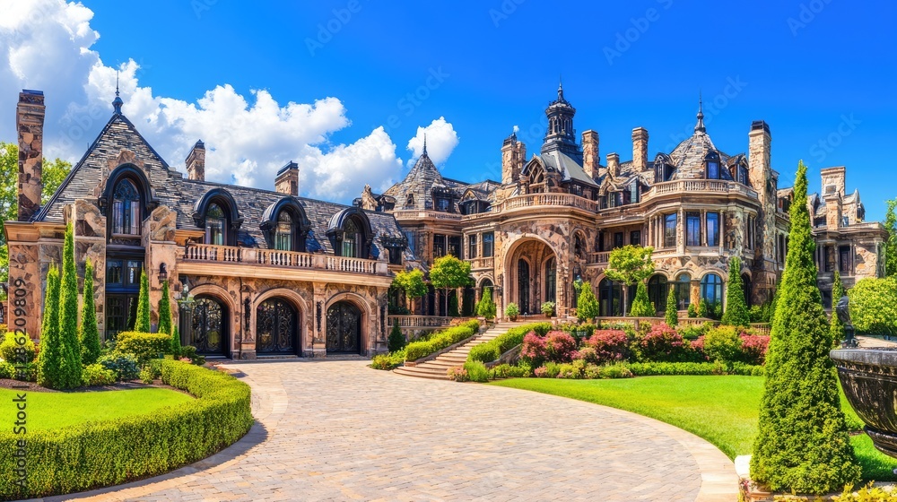 Fototapeta premium Luxurious mansion exterior, sunny day, landscaped grounds, possible use for real estate or architecture photography