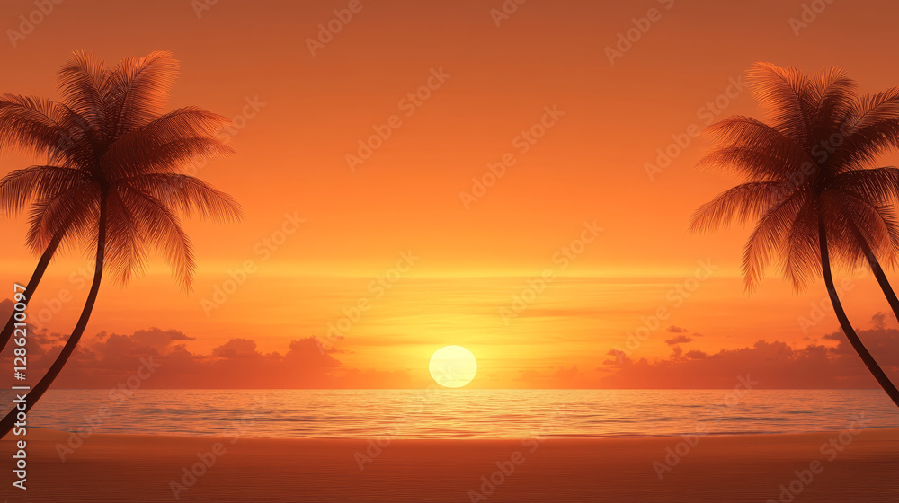 stunning sunset view over tranquil tropical beach, featuring palm trees silhouetted against vibrant orange sky. serene atmosphere evokes sense of peace and relaxation stunning sunset view over tranquil tropical beach, featuring palm trees silhouetted against vibrant orange sky. serene atmosphere evokes sense of peace and relaxation