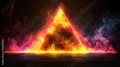 Triangular shape enhanced by fiery flames and smoke in a dramatic background