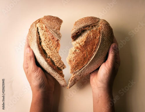 hands holding bread in hearth shape broken hearth minimal creative surreal concept