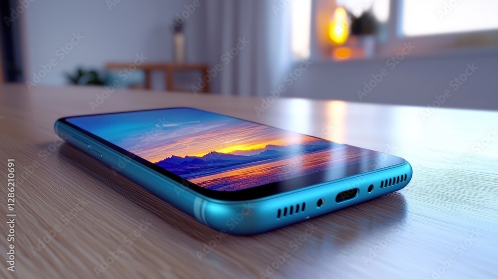 A close-up view of a smartphone displaying a vibrant sunset over the ocean on a wooden table A close-up view of a smartphone displaying a vibrant sunset over the ocean on a wooden table