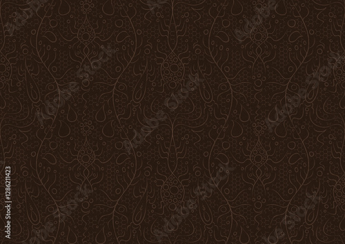 Wallpaper Mural Hand-drawn unique abstract symmetrical seamless ornament. Light semi transparent brown on a dark brown background. Paper texture. Digital artwork, A4. (pattern: p13-2b) Torontodigital.ca