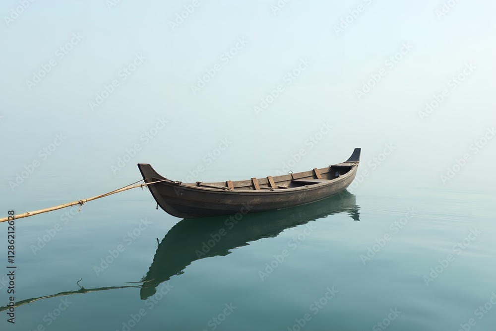 A lone wooden boat floating on a calm lake, tethered to a bamboo pole. A lone wooden boat floating on a calm lake, tethered to a bamboo pole.