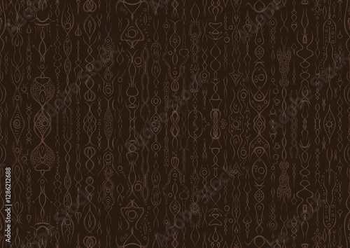 Wallpaper Mural Hand-drawn unique abstract symmetrical seamless ornament. Light semi transparent brown on a dark brown background. Paper texture. Digital artwork, A4. (pattern: p14a) Torontodigital.ca