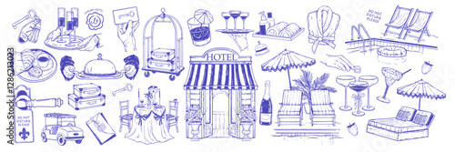 Hotel doodle set, vector hand drawn summer vacation rest line illustration, wedding honeymoon print. Relax pool holiday icon, cocktail beverages, waiter tray, villa entrance door. Hotel doodle icon