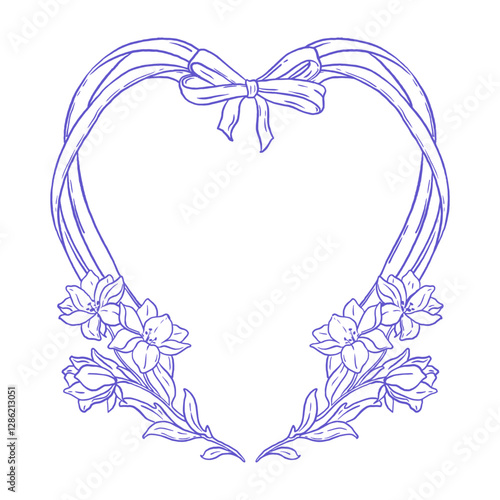 Romantic floral frame, vector hand drawn wedding border, doodle ribbon bow Valentine card print. Spring heart shaped coquettish decoration, line minimal flower celebration design. Love floral frame
