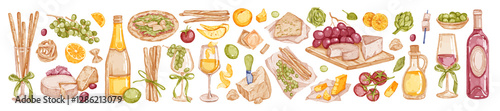 Italian food watercolor set, vector hand drawn eatery collection, wine bottle, appetizer glasses. Various cheese, kitchen menu design object, pizza cafe graphic, tomato, fruit. Italian food restaurant