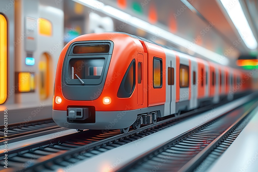 Fototapeta premium Red Passenger Train Arriving At A Subway Station Platform