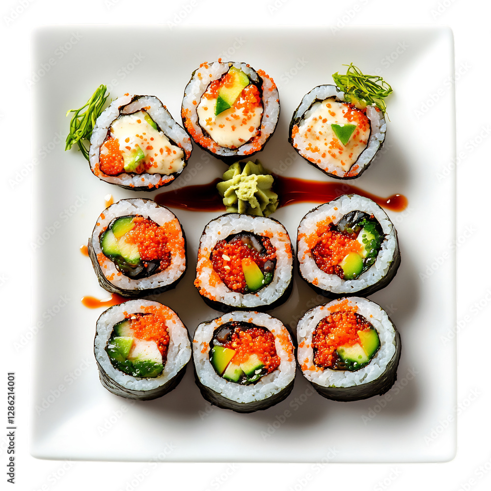 A Vibrant Plate of Sushi Rolls with Wasabi and Soy Sauce Isolated on Transparent Background A Vibrant Plate of Sushi Rolls with Wasabi and Soy Sauce Isolated on Transparent Background