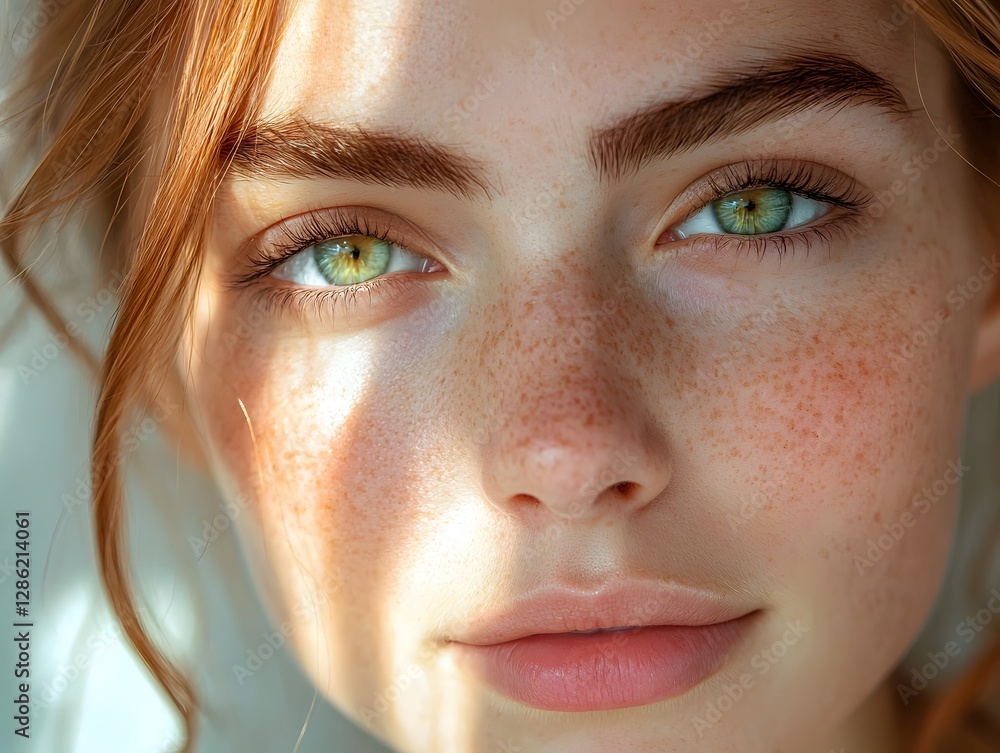 Fototapeta premium Captivating Headshot of Radiant Woman with Glowing Freckles and Natural Lighting