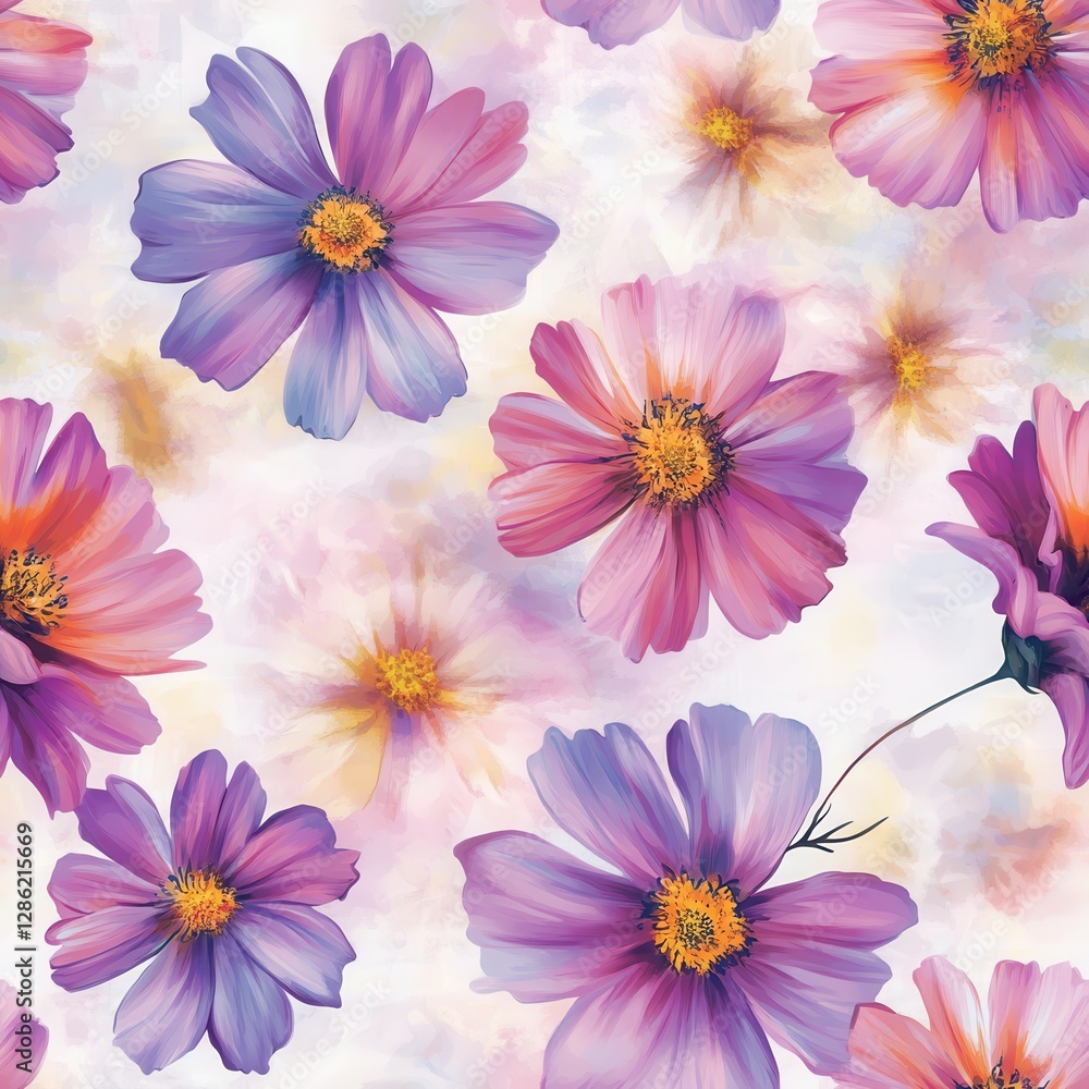 Watercolor Pink and Purple Cosmos Flower Seamless Pattern on White Background Watercolor Pink and Purple Cosmos Flower Seamless Pattern on White Background