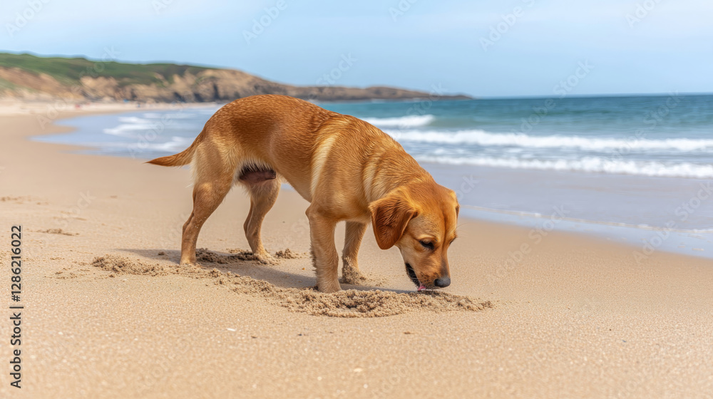 curious dog digging its head into sandy shore, enjoying beach. playful atmosphere and gentle waves create joyful scene of exploration and fun curious dog digging its head into sandy shore, enjoying beach. playful atmosphere and gentle waves create joyful scene of exploration and fun