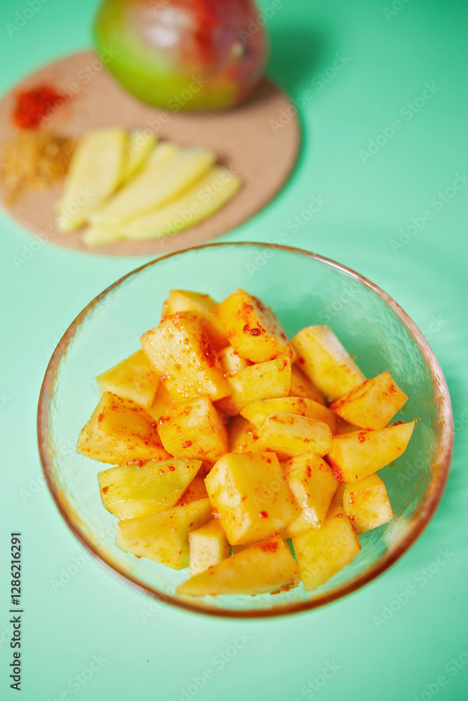 Pickled mango cubes in a bowl, mango pickle, shot from above Pickled mango cubes in a bowl, mango pickle, shot from above