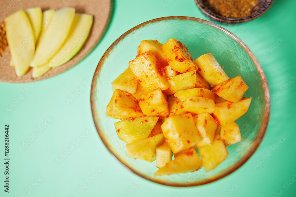 Pickled mango cubes in a bowl, mango pickle, shot from above Pickled mango cubes in a bowl, mango pickle, shot from above