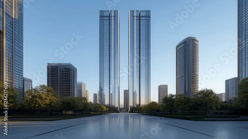 dynamic city skyline featuring towering glass clad skyscrapers, surrounded by modern buildings and lush greenery, creating vibrant urban atmosphere photo