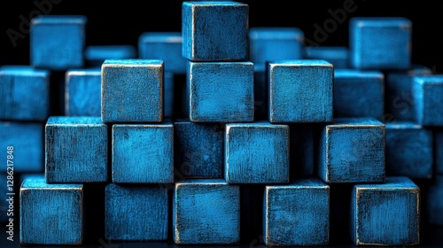 A striking arrangement of blue cubes piled together against a dramatic black background for design