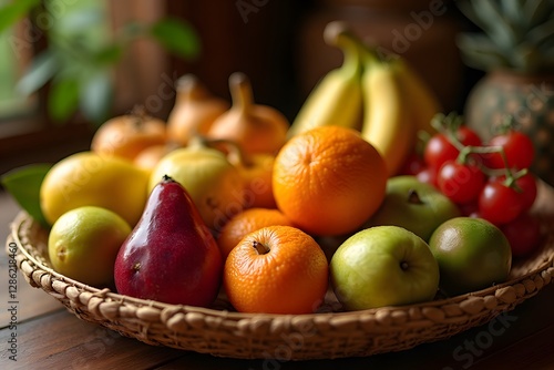 A still life of ceremonial fruit offerings arranged on a woven tray, ready for prayers. photo