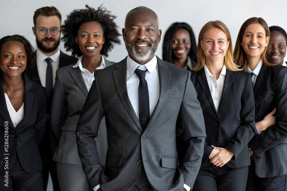Group of joyful and imaginative individuals posing with leader against blank white backdrop Group of joyful and imaginative individuals posing with leader against blank white backdrop
