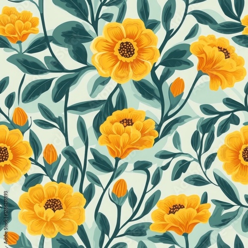 Yellow Flower and Teal Leaf Seamless Pattern