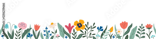 Decorative frame, border, frieze with flowers - poppies, tulips, leaves, lilies, daffodils. Vector. Doodle style. Copy space, design template. Hand drawn spring and summer flowers and foliage