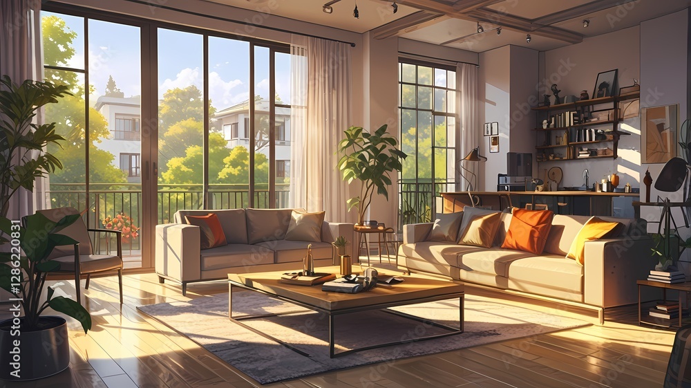 Fototapeta premium Anime Afternoon sunlight in modern living room