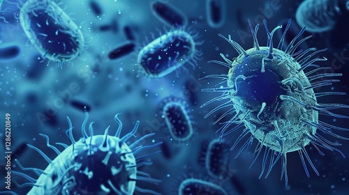 A close-up view of pathogenic bacteria is presented in the image. The pathogenic bacteria display various shapes and structures under the microscope